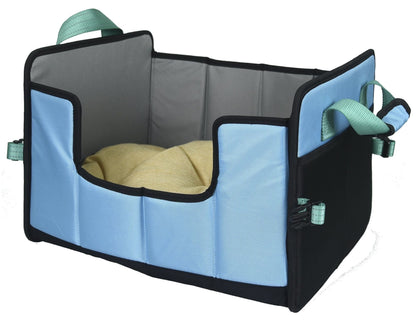 Pet Life Travel-Nest folding pet bed, blue interior with black edges and beige cushion