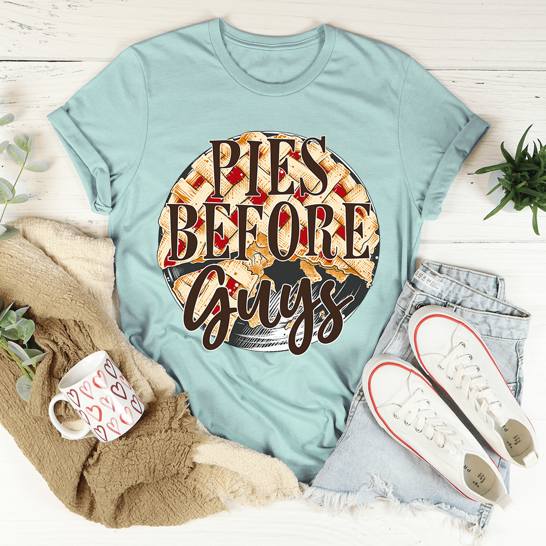 Teal crewneck T-shirt with large "Pies Before Guys" circular front graphic