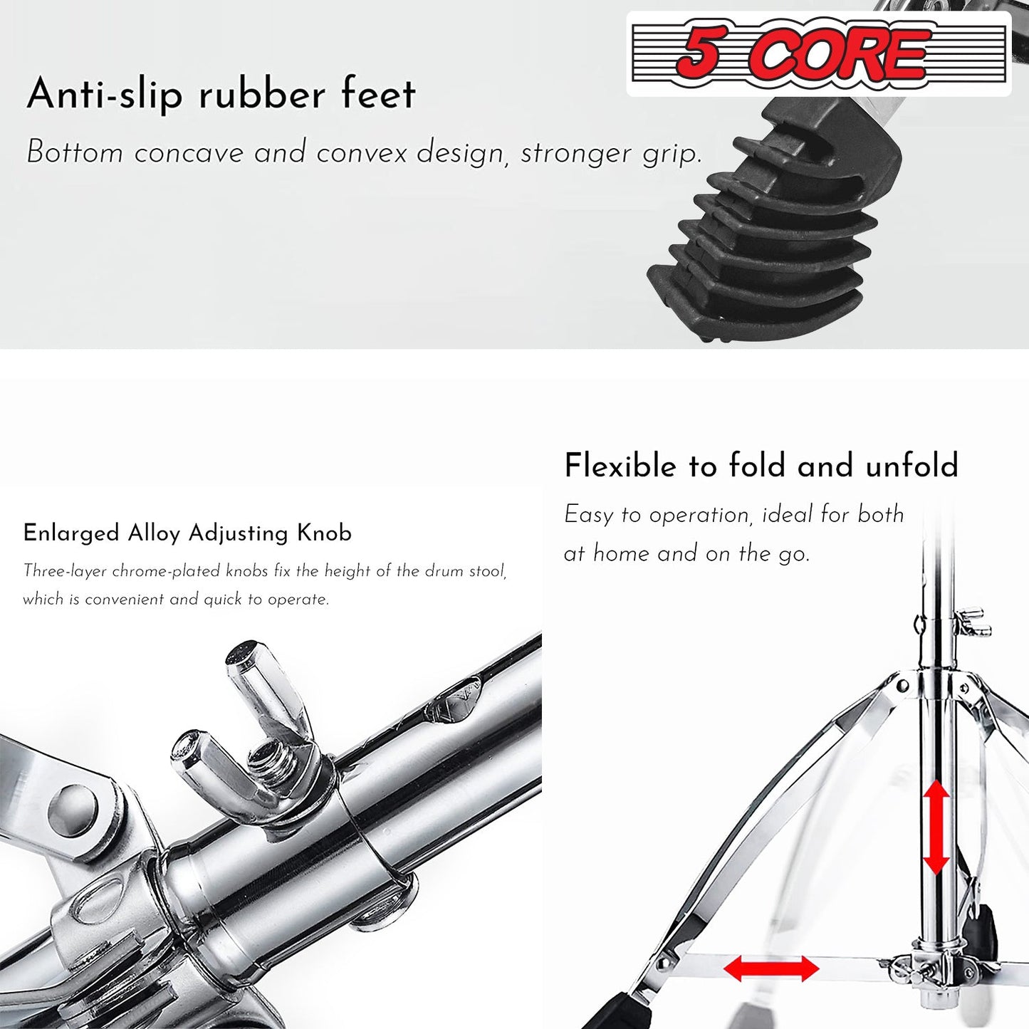 Black rubber anti-slip feet and chrome adjustment knob for a drum throne stool