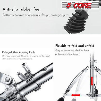 Black rubber anti-slip feet and chrome adjustment knob for a drum throne stool
