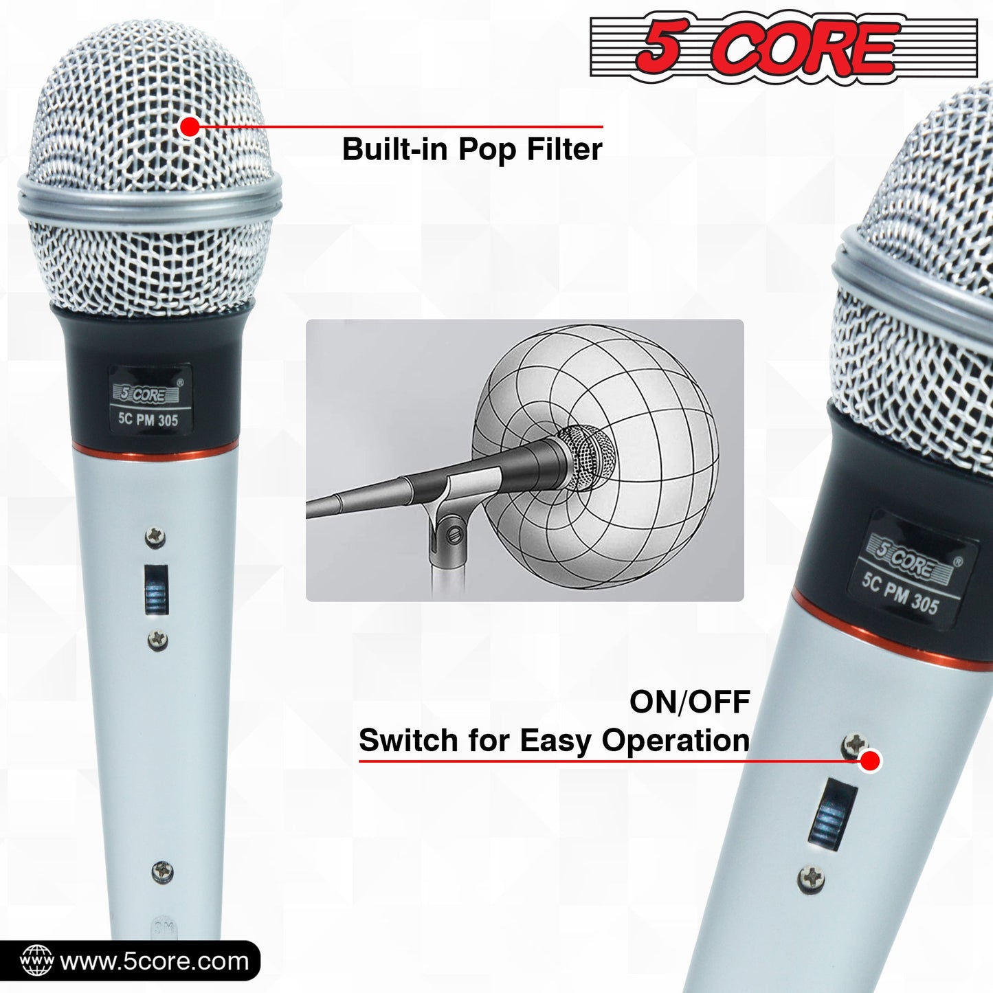 Light blue wired handheld dynamic microphone with built-in pop filter and on/off switch