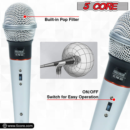 Light blue wired handheld dynamic microphone with built-in pop filter and on/off switch