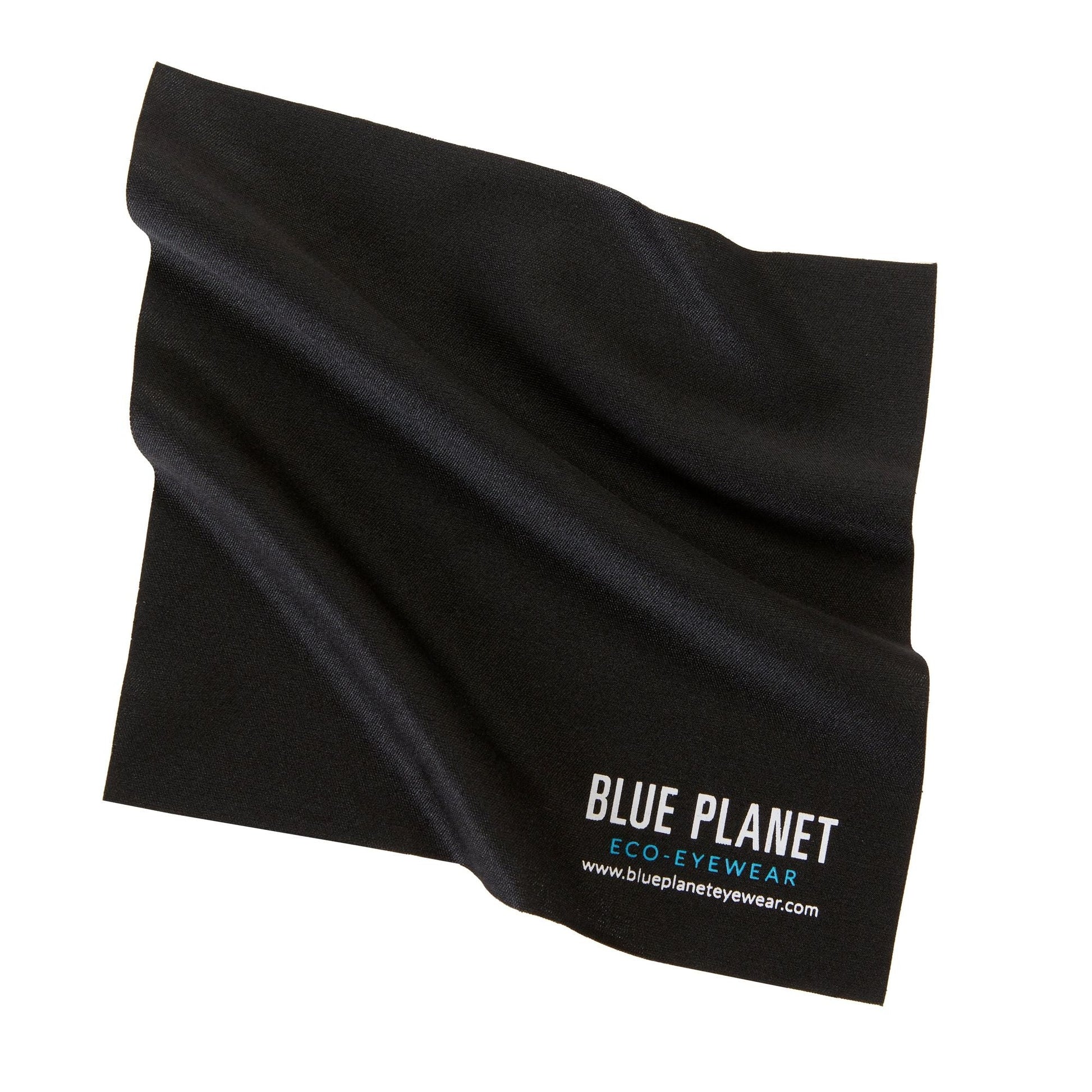Black eyeglass cleaning cloth with BLUE PLANET logo and website