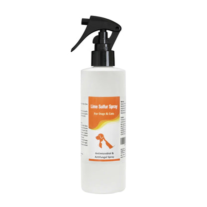 Sulfur spray bottle with black trigger sprayer and small orange label for dogs and cats
