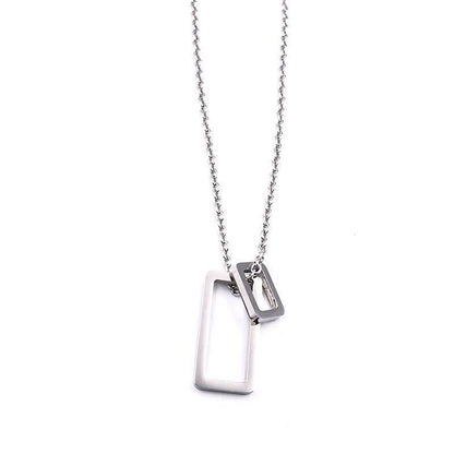 Silver geometric double-rectangle necklace with outline bars on a chain