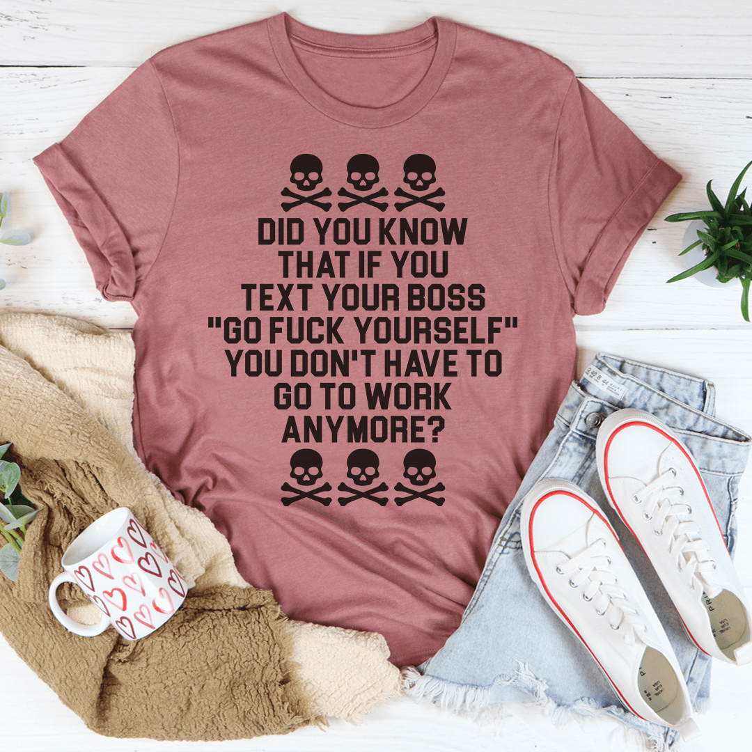 Mauve crewneck short-sleeve T-shirt with centered skull and slogan graphic in black