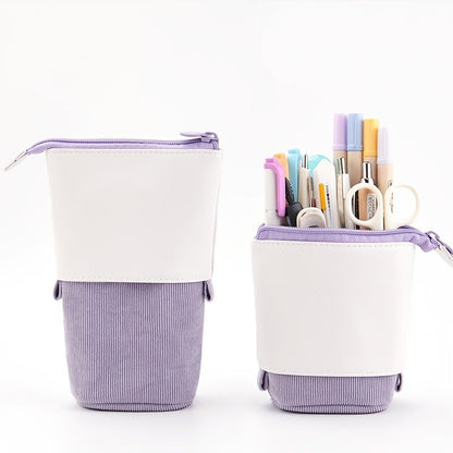 Set of telescopic stationery cases with zipper, white top and lilac corduroy bottom