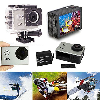 Waterproof action camera kit with multiple units, mounts, and accessory cards