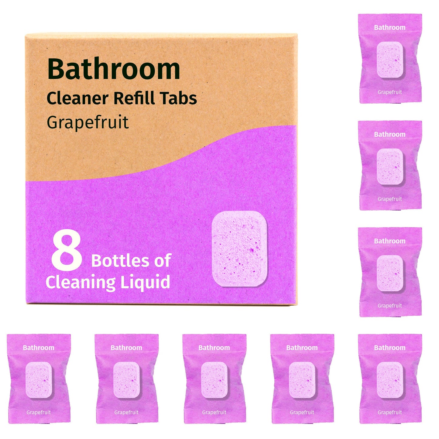 Bathroom cleaner refill tabs pack, grapefruit-scented tablets in purple box (8 bottles)
