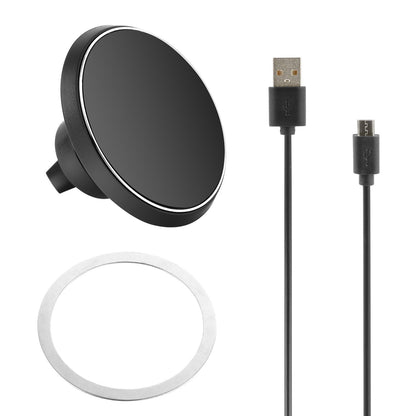 Black magnetic wireless car phone charger with vent mount clip and USB cable