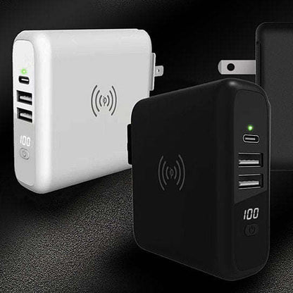 Black and white compact travel charger with wireless symbol and stacked USB ports