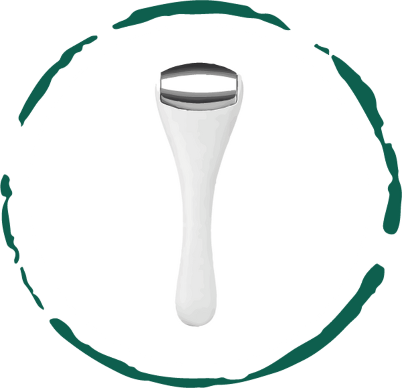 Facial roller tool with white handle and silver metal roller head