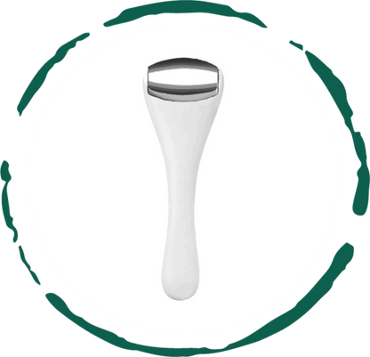 Facial roller tool with white handle and silver metal roller head