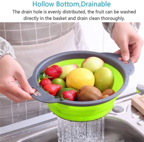 Collapsible silicone colander set of 2, green bowl with perforated drain basket and handles