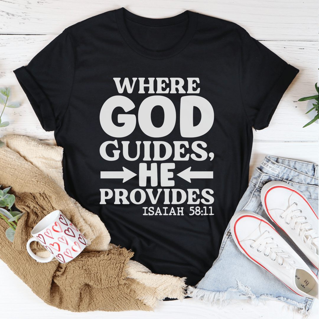 Black crewneck T-shirt with large faith quote graphic and Isaiah 58:11
