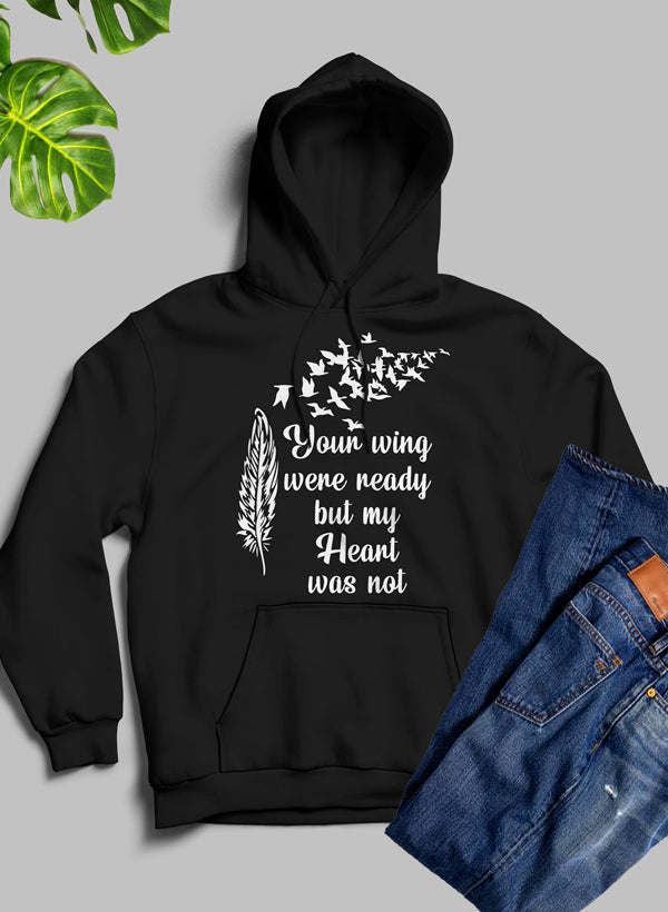 Black pullover hoodie with front pocket and feather graphic text design on chest
