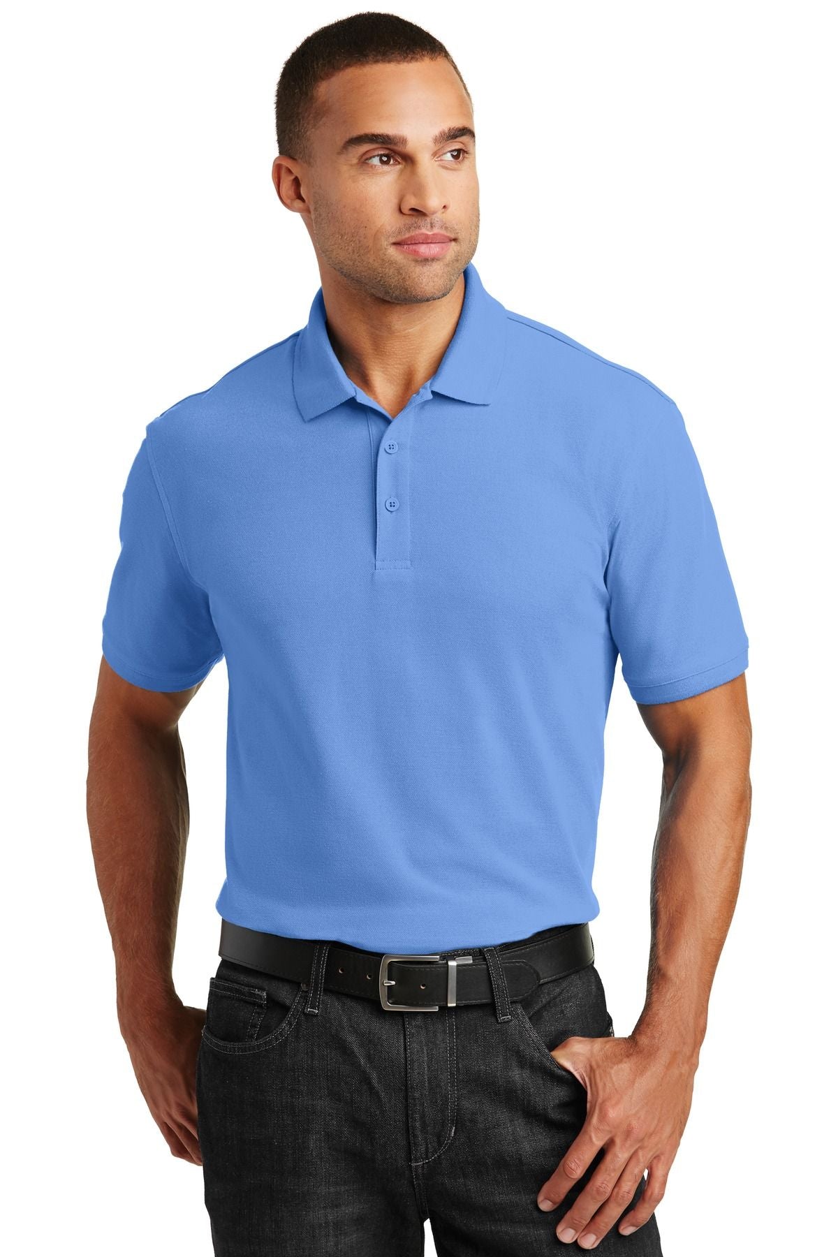 Light blue pique polo shirt with two-button placket and short sleeves
