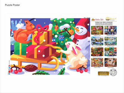 Jigsaw puzzle poster featuring winter animals, gift boxes, and a snowman illustration