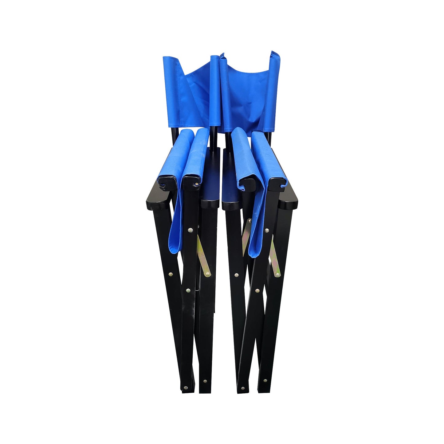 Blue canvas folding director chair set, stacked view with black wooden frame