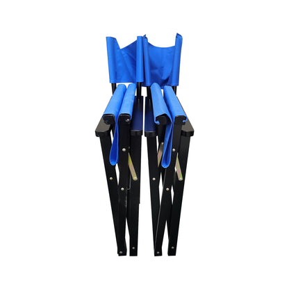 Blue canvas folding director chair set, stacked view with black wooden frame