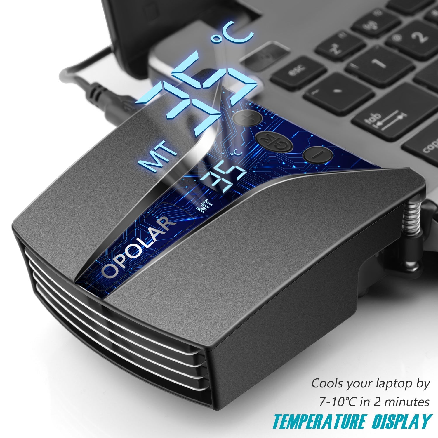 Black laptop fan cooler with blue temperature display and multi-button control panel