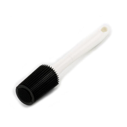 Silicone bottle cleaning brush with long white handle and black cylindrical scrubbing head