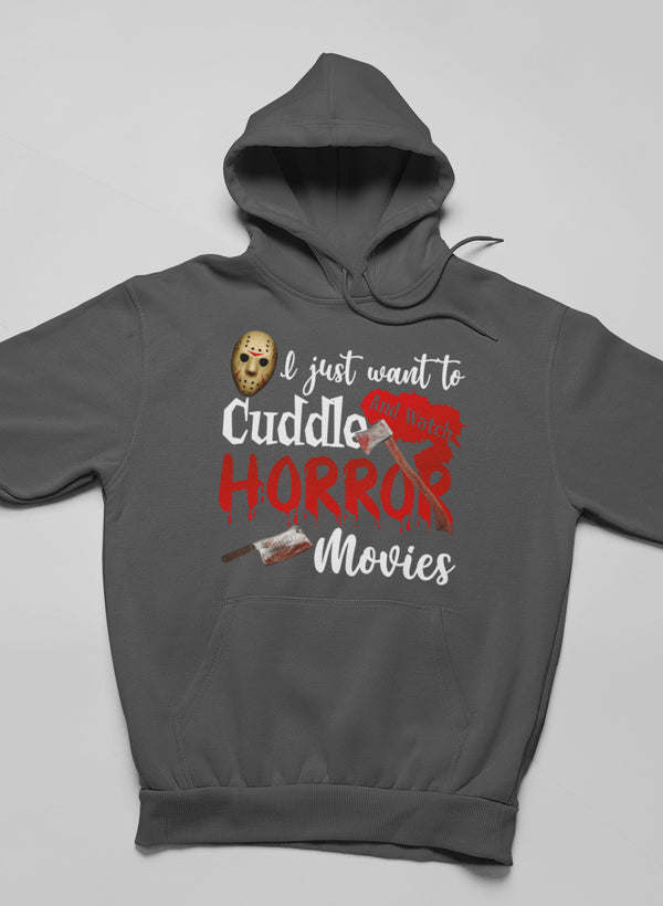 Charcoal gray horror graphic hoodie with kangaroo pocket and drawstring hood