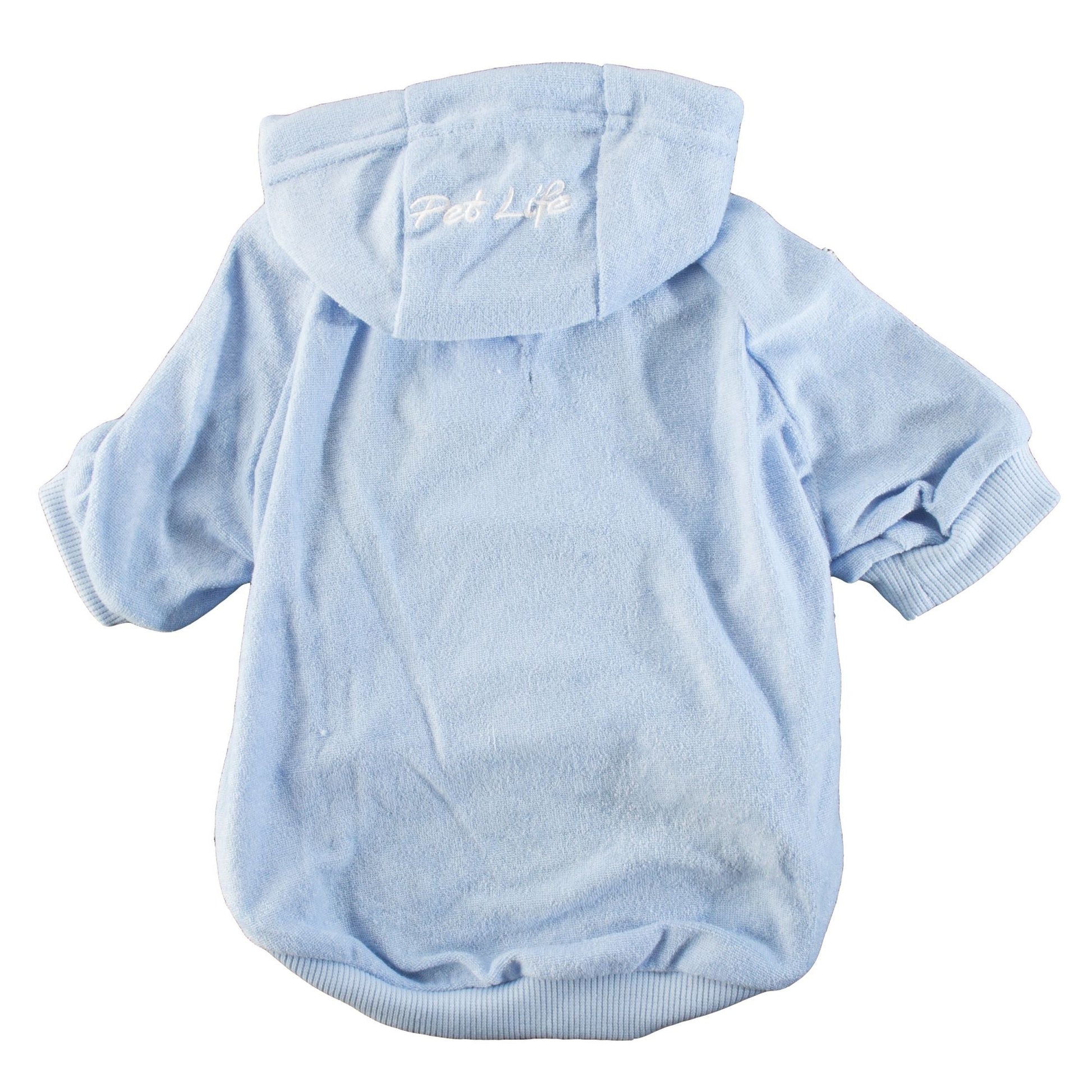 Light blue pet hoodie with full hood, small back logo, and ribbed cuffs and hem