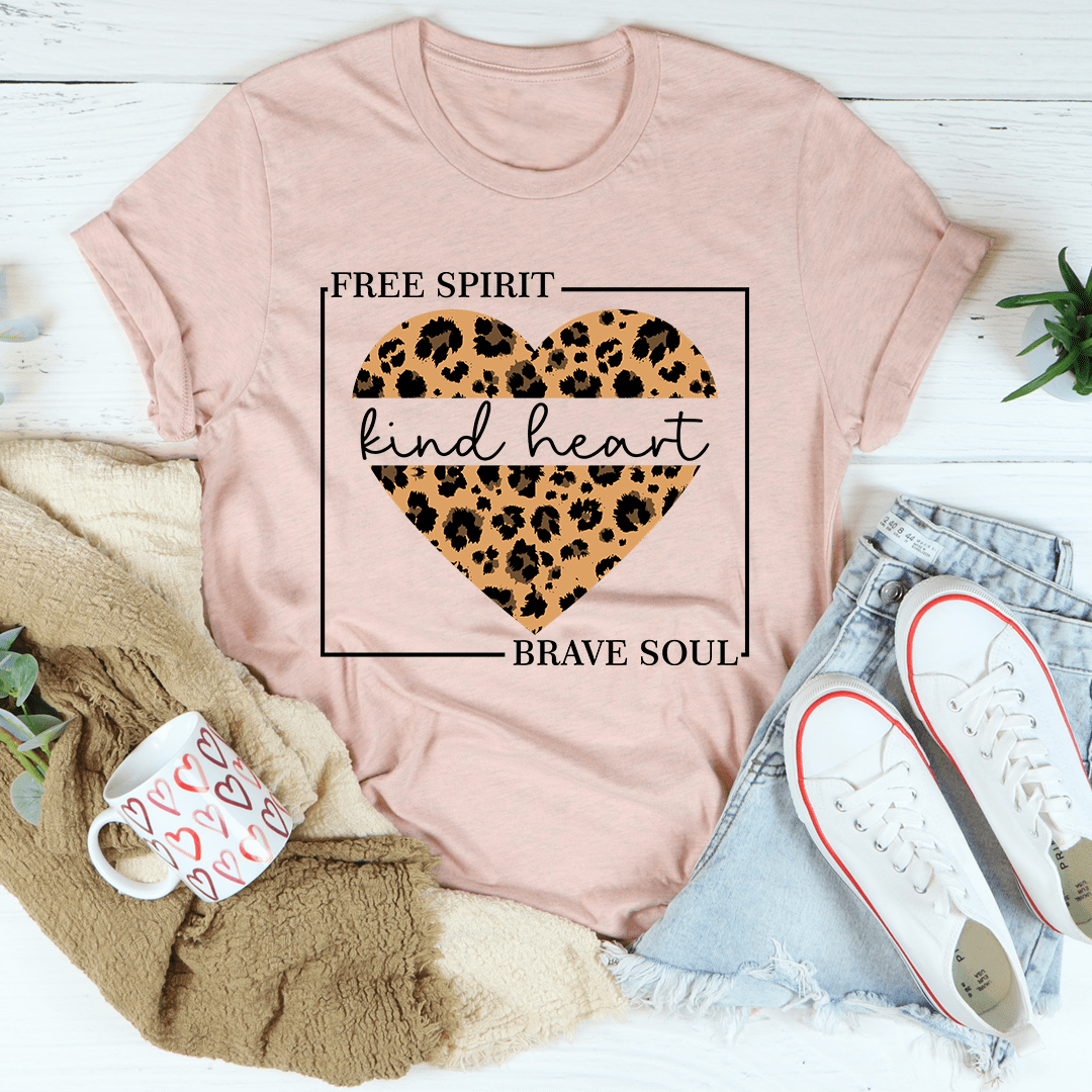 Mauve graphic T-shirt with leopard heart reading 'kind heart', 'FREE SPIRIT' and 'BRAVE SOUL'