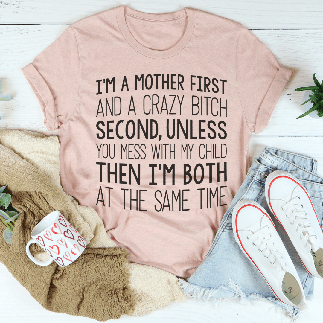 Mother first slogan T-shirt, mauve heather pink, crew neck, short sleeves