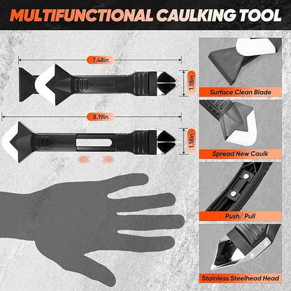 Black multi-function caulking tool with triangular surface-clean blade and spread scraper