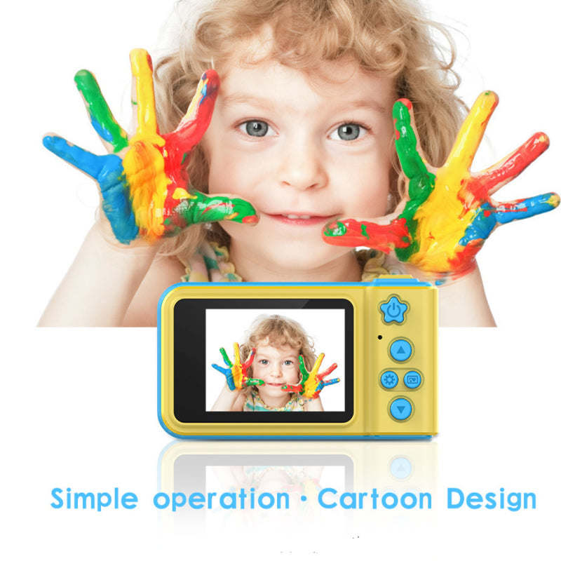 Kids mini digital video camera, yellow body with display screen and front lens