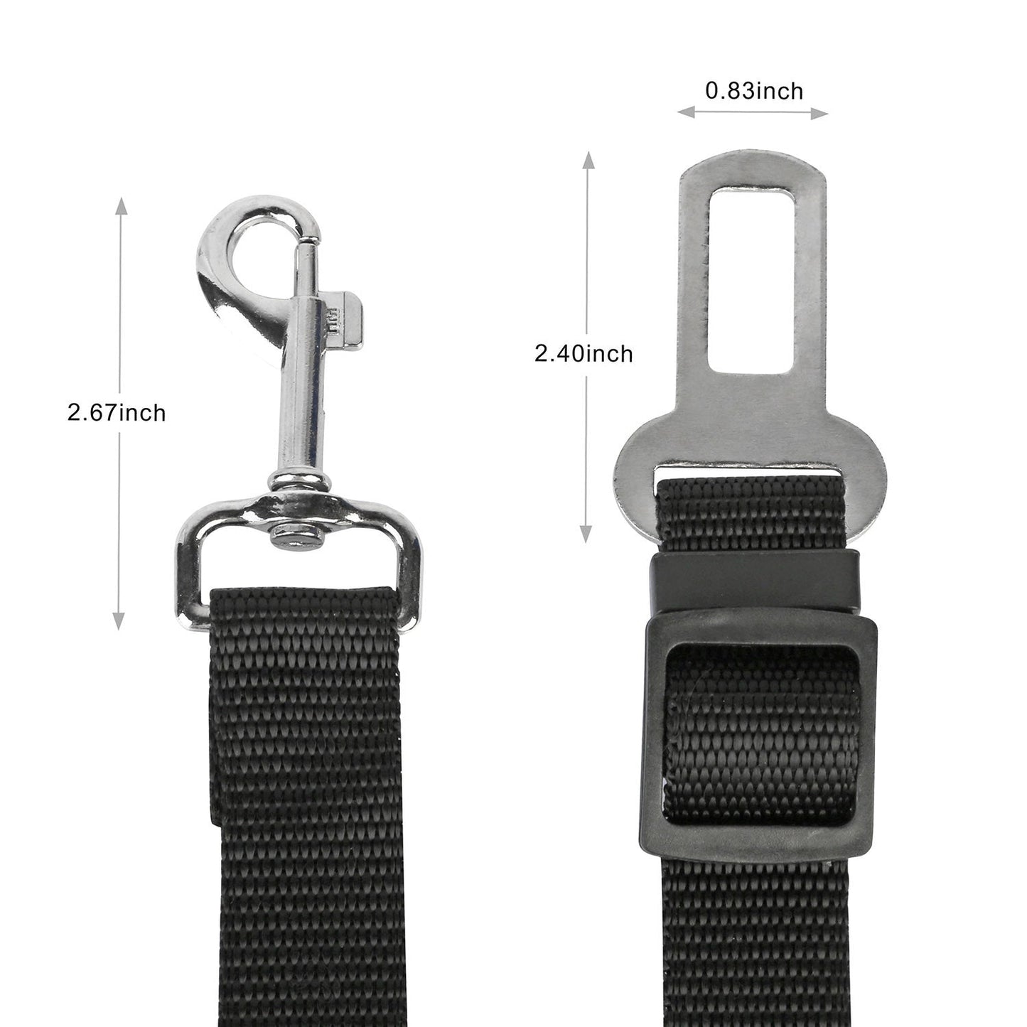 Black pet safety leash buckle and metal hook with attachment hardware, close-up.