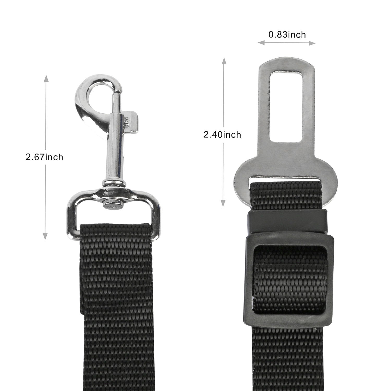 Black pet safety leash buckle and metal hook with attachment hardware, close-up.