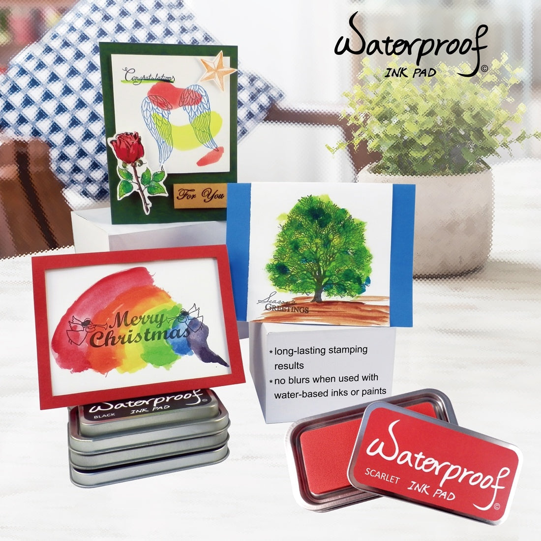 Waterproof ink pad set with five colors and stamped card samples