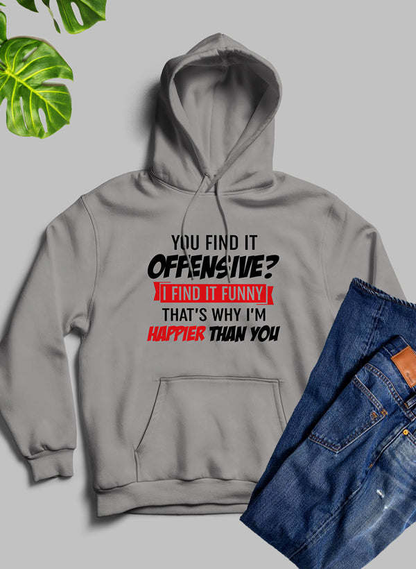 Heather gray hoodie with front pocket and “Offensive?” graphic print on chest