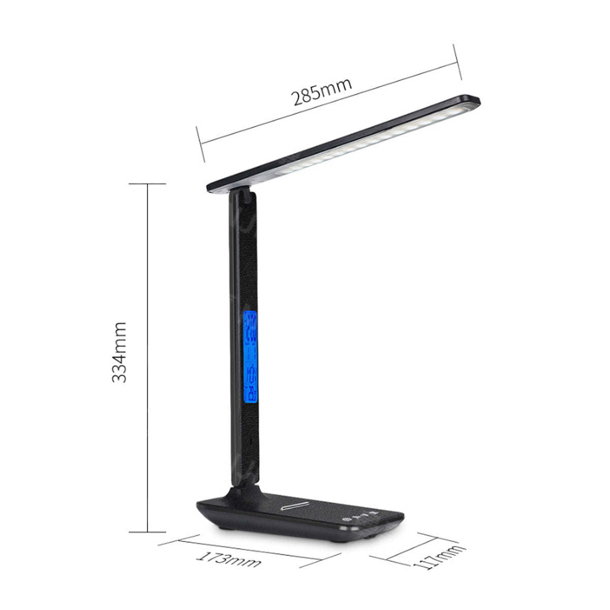 Black 3-in-1 desk lamp with blue display on slim stand and wide base