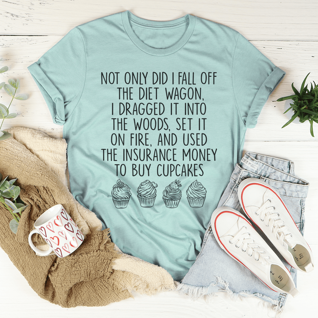 Light teal graphic slogan crewneck T-shirt with cupcake icons