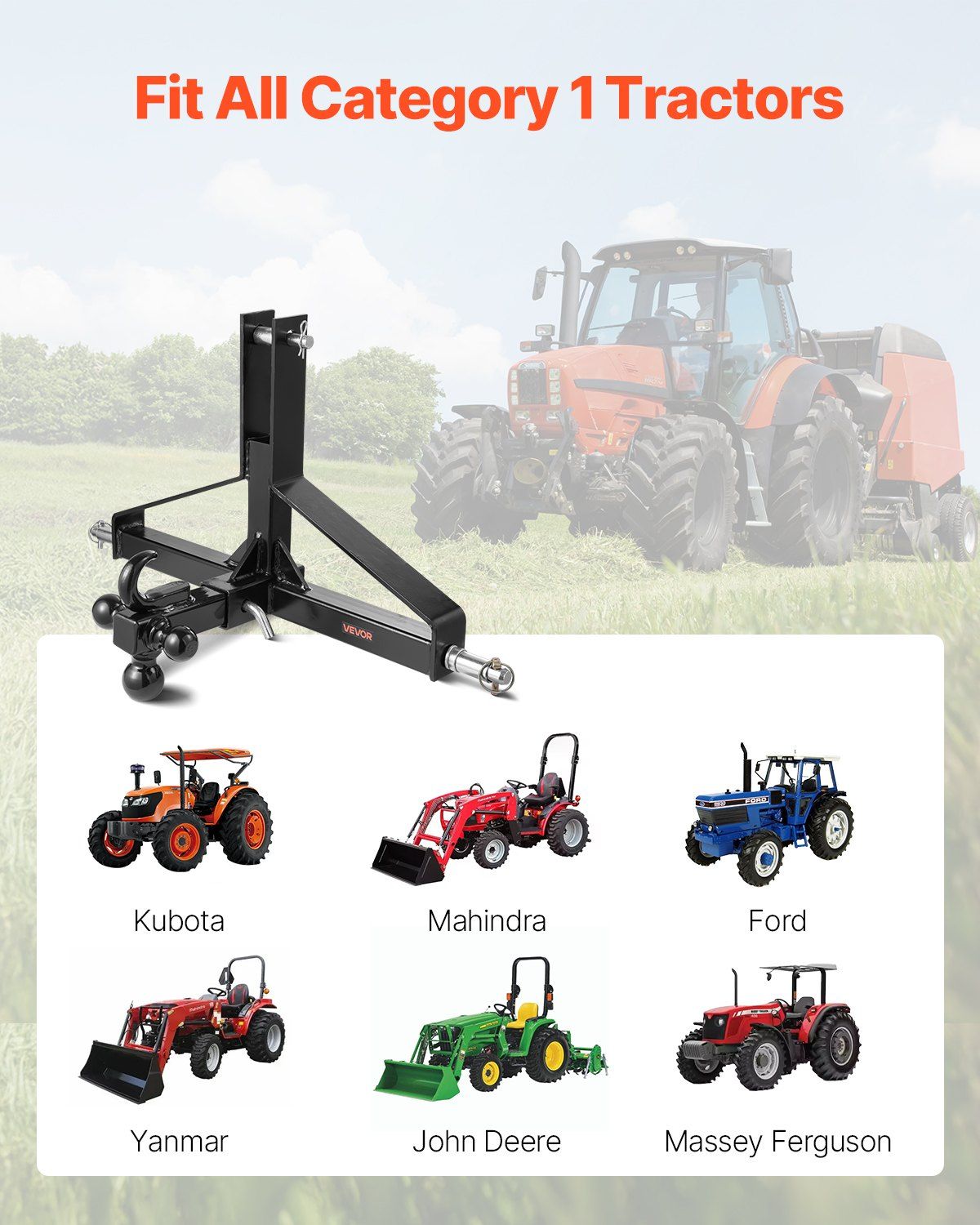 VEVOR 3-point hitch adapter with ball mount and 2-inch receiver, shown with tractors