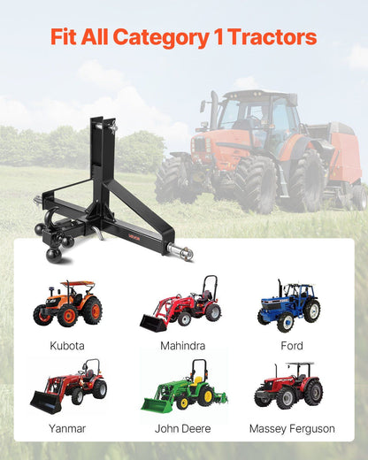 VEVOR 3-point hitch adapter with ball mount and 2-inch receiver, shown with tractors