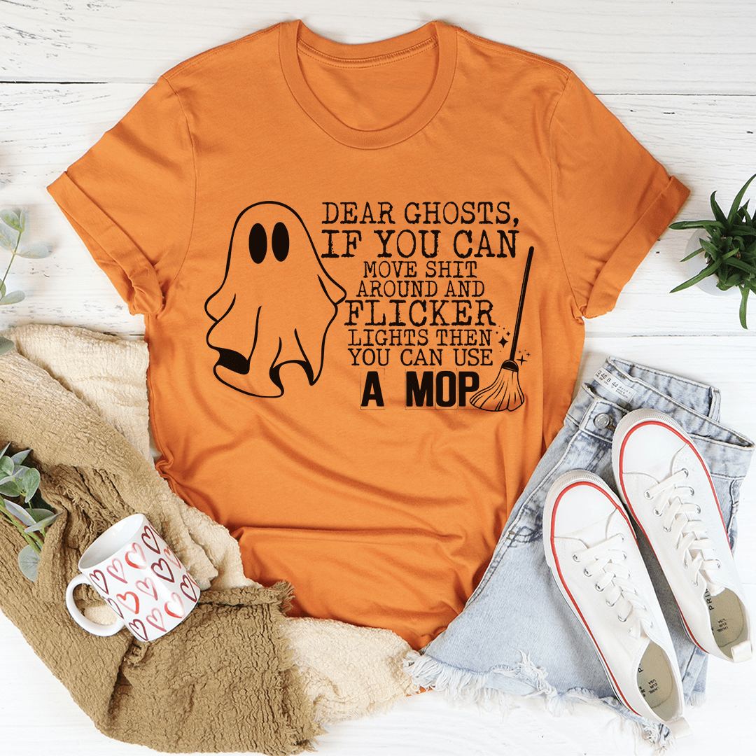 Burnt orange T-shirt with black ghost and text graphic, crew neck
