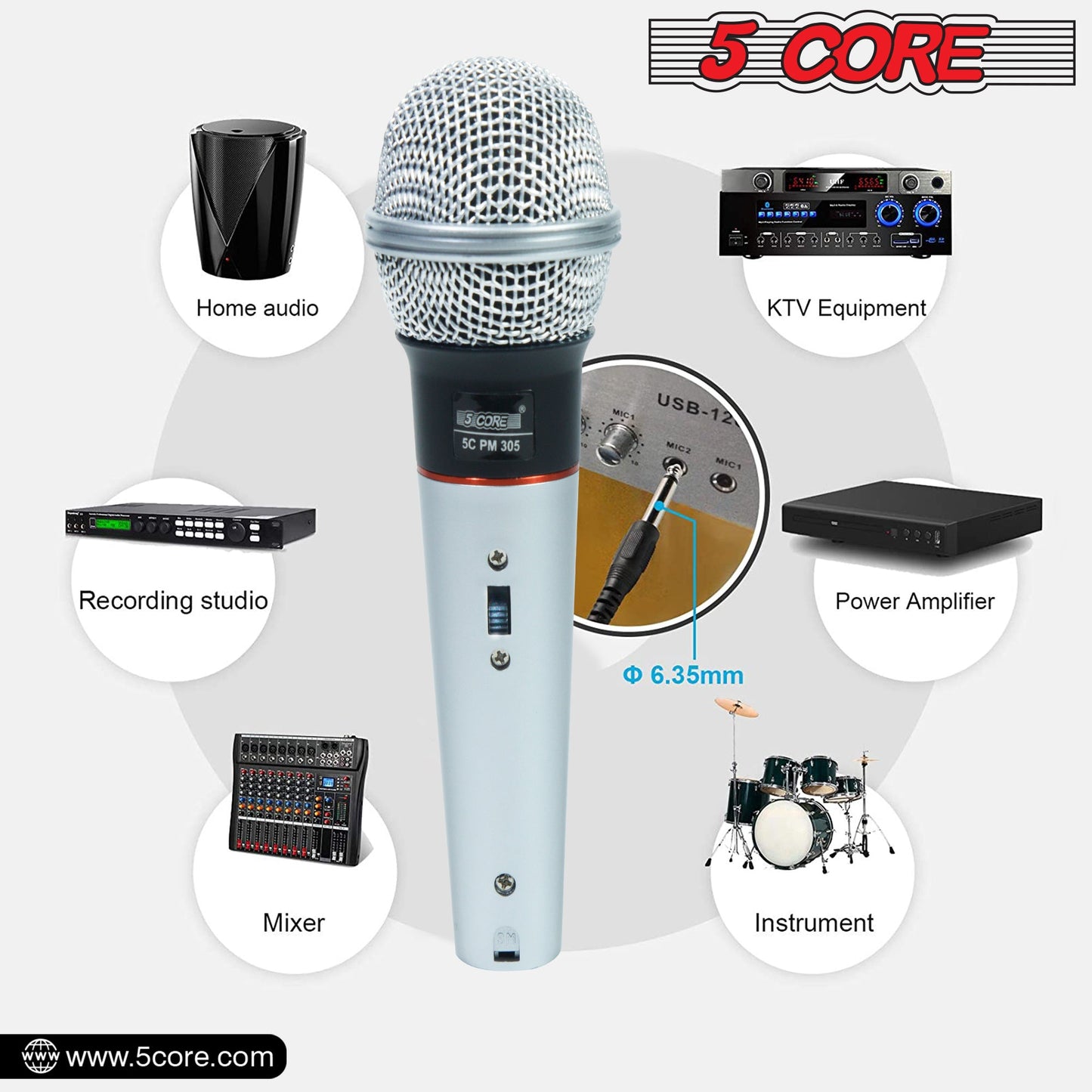 Handheld wired dynamic microphone with silver mesh grille and light blue body, on/off.