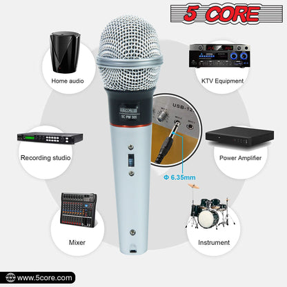 Handheld wired dynamic microphone with silver mesh grille and light blue body, on/off.