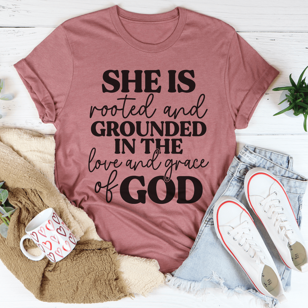 Mauve rose crewneck faith T-shirt with black 'SHE IS rooted and grounded...' text