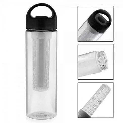 Black fruit infuser bottle with handle; clear body and black lid