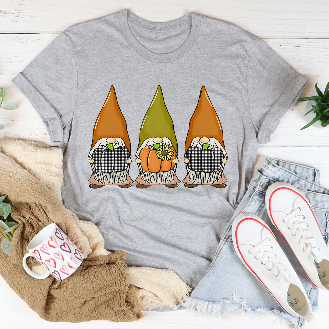 Ash gray round-neck T-shirt with three pumpkin gnomes graphic on front