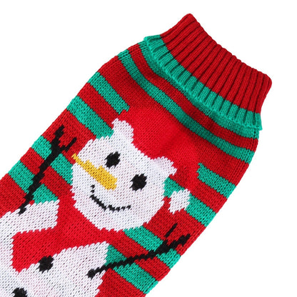 Close-up red and green striped knit pet turtleneck sweater with white snowman graphic