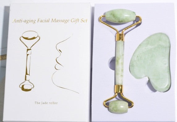 Anti-aging facial massage gift set with jade roller and gua sha tools