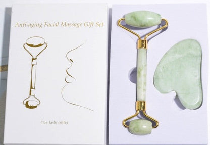 Anti-aging facial massage gift set with jade roller and gua sha tools