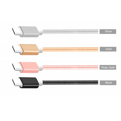 Braided USB-A to USB-C cables shown in silver, gold, rose gold, and black